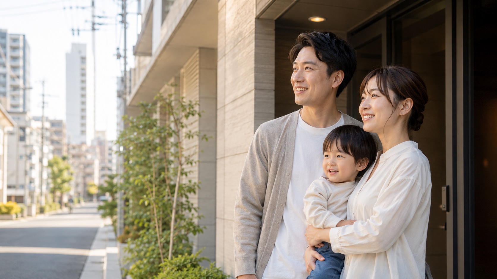 マンション前で住まいを見つめる家族